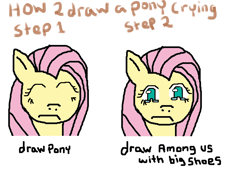Size: 1228x868 | Tagged: safe, artist:zimbabwe, fluttershy, pony, g4, 4chan, amogus, amogus eyes, among us, cannot unsee, crying, cursed image, eye, eyes, how to draw, ironic tutorial, meme, ms paint, ponified meme, quality, simple background, text, tutorial, white background