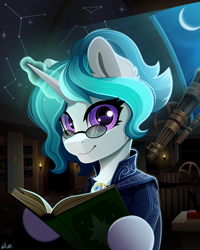 Size: 4000x5000 | Tagged: safe, artist:rainbowfire, derpibooru exclusive, oc, oc only, pony, unicorn, astronomy, book, book cover, bookshelf, cape, clothes, complex background, constellation, cover, cute, darkness, ear fluff, female, glasses, grin, horn, jewelry, looking at you, magic, mare, medallion, moon, night, observatory, pattern, purple eyes, smiling, solo, stars, telescope, torch
