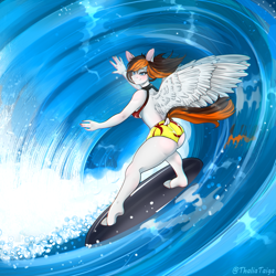 Size: 4341x4341 | Tagged: safe, artist:thaliati, oc, oc only, oc:rainy sky, original species, pegasus, anthro, unguligrade anthro, bikini, breasts, clothes, female, paws, see-through, solo, spread wings, summer, surfboard, surfing, swimsuit, water, wave, wings