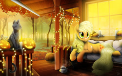 Size: 1600x992 | Tagged: safe, artist:dormin-dim, applejack, cat, earth pony, pony, g4, candle, forest, halloween, holiday, jack-o-lantern, lying down, pumpkin, solo, string lights