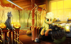 Size: 1600x992 | Tagged: safe, artist:dormin-dim, applejack, cat, earth pony, pony, g4, candle, clothes, dress, forest, halloween, holiday, jack-o-lantern, lying down, pumpkin, solo, string lights