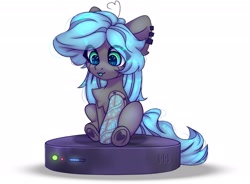 Size: 2959x2183 | Tagged: safe, artist:radioaxi, oc, oc only, earth pony, pony, :3, :p, ahoge, chest fluff, cybernetic arm, high res, hoof heart, ponies riding roombas, roomba, simple background, solo, tongue out, underhoof, upside-down hoof heart, white background