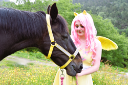 Size: 6000x4000 | Tagged: safe, artist:shadeila, artist:themoonraven, fluttershy, horse, human, g4, absurd resolution, clothes, cosplay, costume, dress, halter, irl, irl horse, irl human, photo, solo, tack