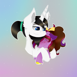 Size: 800x800 | Tagged: safe, artist:kathepart, oc, oc only, oc:kathepaint, pony, unicorn, blue eyes, collar, couple, duo, hair bun, hair over one eye, hug