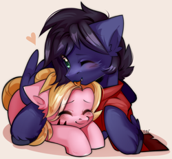 Size: 2672x2473 | Tagged: safe, artist:pledus, oc, oc only, oc:fenris ebonyglow, oc:kara waypoint, earth pony, pegasus, pony, cuddling, duo, duo male and female, female, high res, karanris, male, mare, oc x oc, shipping, simple background, stallion, straight