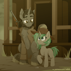 Size: 1600x1600 | Tagged: safe, artist:willoillo, oc, oc:casey, oc:flint, pony, unicorn, fallout equestria, commission, cowboy hat, duo, fallout equestria: all things unequal, father and child, father and daughter, female, gun, hat, horn, male, rifle, unicorn oc, weapon