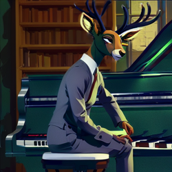 Size: 512x512 | Tagged: safe, ai assisted, ai content, generator:stable diffusion, oc, oc:bon vivant, deer, anthro, clothes, deer oc, fanfic art, musical instrument, non-pony oc, painting, piano, solo, suit