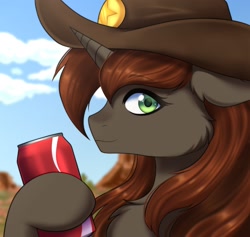 Size: 2113x2000 | Tagged: safe, artist:alunedoodle, oc, pony, unicorn, brown hair, bust, colored pupils, commission, cowboy hat, cowgirl, female, green eyes, hat, high res, looking at you, mare, portrait, shiny, shiny eyes, shiny hair, soda, solo, stetson, western, ych result