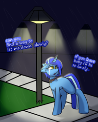 Size: 4000x5000 | Tagged: safe, artist:drdooggle, oc, oc only, oc:sight unseen, pony, unicorn, adult blank flank, blank flank, blue coat, blue mane, blue tail, collar, collar ring, commission, crying, female, looking back, mare, rain, sad, short mane, solo, street, tail, text, two toned mane, two toned tail, walking, yellow eyes