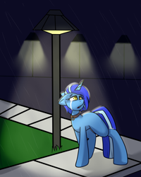 Size: 4000x5000 | Tagged: safe, artist:drdooggle, oc, oc only, oc:sight unseen, pony, unicorn, adult blank flank, blank flank, blue coat, blue mane, blue tail, collar, collar ring, commission, crying, female, looking back, mare, rain, sad, short mane, solo, street, tail, textless, textless version, two toned mane, two toned tail, walking, yellow eyes