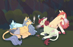 Size: 5371x3467 | Tagged: safe, artist:s0ftserve, oc, oc:apple turnover, oc:dew point, oc:flower power, oc:nimbus flash, earth pony, pegasus, pony, unicorn, absurd file size, butt, colored wings, drugs, female, lying down, magic, magical lesbian spawn, male, mare, multicolored wings, offspring, parent:big macintosh, parent:misty fly, parent:sky stinger, parent:spitfire, parent:sugar belle, parent:tree hugger, parent:vapor trail, parents:sugarmac, parents:vaporsky, plot, prone, smoking, stallion, wings