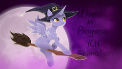 Size: 1920x1080 | Tagged: safe, artist:rumista, oc, alicorn, pony, broom, female, flying, flying broomstick, halloween, hat, holiday, mare, moon, solo, wip, witch, witch hat