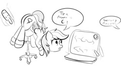 Size: 613x335 | Tagged: safe, artist:rusticanon, rainbow dash, pegasus, pony, g4, chair, imminent spanking, paddle, punishment, simple background, solo, speech bubble, text, traditional art, white background