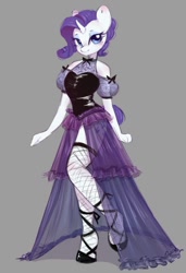 Size: 732x1070 | Tagged: safe, artist:melodylibris, rarity, unicorn, anthro, unguligrade anthro, alternate hairstyle, clothes, dress, female, fishnets, gray background, looking at you, mare, see-through, simple background, solo