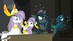 Size: 1920x1080 | Tagged: safe, artist:shawn keller, queen chrysalis, oc, oc only, oc:athena (shawn keller), oc:lustrous (shawn keller), pegasus, pony, guardians of pondonia, clothes, duo, duo female, female, lampshade hanging, livestream, margarita paranormal, panties, plushie, pony ghost hunt, slender, thin, underwear