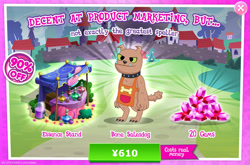 Size: 1962x1292 | Tagged: safe, gameloft, idw, marrow, diamond dog, g4, my little pony: magic princess, advertisement, apron, bone, choker, clothes, collar, costs real money, dog collar, english, gem, green eyes, idw showified, introduction card, male, numbers, perfume, pouch, sale, shopkeeper, solo, text