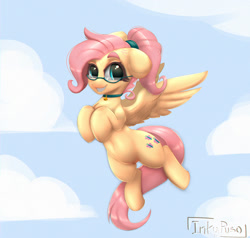 Size: 1500x1427 | Tagged: safe, artist:inkypuso, fluttershy, pegasus, pony, g4, alternate hairstyle, braces, choker, cute, female, flying, freckles, freckleshy, glasses, grin, looking at you, mare, ponytail, sharp teeth, shyabetes, smiling, smiling at you, solo, teeth
