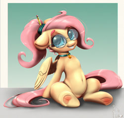 Size: 1000x952 | Tagged: safe, artist:inkypuso, fluttershy, pegasus, pony, g4, alternate hairstyle, bell, bell collar, belly, belly button, braces, chest freckles, collar, cute, featureless crotch, female, floppy ears, freckles, freckleshy, frog (hoof), glasses, grin, hoofbutt, looking at you, mare, nerd pony, pencil, ponytail, pubic mound, round glasses, shyabetes, sitting, smiling, smiling at you, solo, underhoof