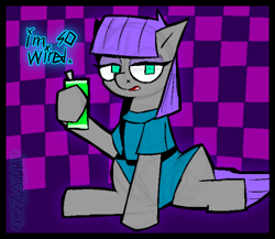 Size: 1272x1104 | Tagged: safe, artist:xxv4mp_g4z3rxx, maud pie, earth pony, pony, g4, checkered background, clothes, energy drink, eyeshadow, female, looking at you, makeup, mare, open mouth, signature, sitting, solo
