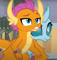Size: 715x761 | Tagged: safe, screencap, ocellus, smolder, changedling, changeling, dragon, a matter of principals, g4, cropped, dragoness, duo, female, mid-blink screencap, raised eyebrow