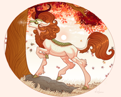 Size: 1280x1024 | Tagged: safe, artist:snowberry, autumn blaze, kirin, pony, autumn, breath, cloud, cloven hooves, curly hair, eyes closed, female, floppy ears, fluffy, grass, hock fluff, leaves, mare, outdoors, pose, raised hoof, rock, scales, smiling, solo, sun, tree