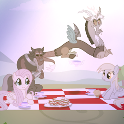 Size: 1280x1280 | Tagged: safe, derpy hooves, discord, fluttershy, lord tirek, g4, cup, food, muffin, picnic, picnic blanket, sandwich, teacup