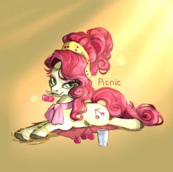 Size: 2000x1987 | Tagged: safe, artist:jellrus, cherry jubilee, earth pony, pony, g4, cherry, female, food, herbivore, looking at you, lying down, mare, prone, smiling, smiling at you, solo, sploot