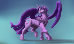 Size: 5000x2951 | Tagged: safe, artist:apelairplane, starlight glimmer, alicorn, pony, g4, abstract background, alicornified, buff, female, muscles, muscular female, race swap, realistic wings, solo, starlicorn, wings