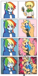 Size: 1211x2423 | Tagged: safe, artist:ceitama, applejack, rainbow dash, human, equestria girls, g4, breaking, comic, doll, duo, duo female, equestria girls minis, female, japanese, scared, toy