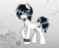 Size: 1700x1379 | Tagged: safe, artist:zeffdakilla, oc, oc only, oc:dani, earth pony, pony, abstract background, black hair, blue eyes, bow, digital art, emo, simple background, skull, smiling, solo, standing, white background, white fur, wristband