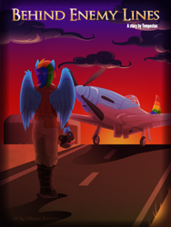 Size: 1200x1600 | Tagged: safe, artist:willoillo, rainbow dash, pegasus, anthro, g4, airfield, boots, clothes, commission, cover, fanfic art, furry, hangar, helmet, military uniform, p-51 mustang, plane, rainbow flag, shoes, soldier, soldier pony, sunset, uniform