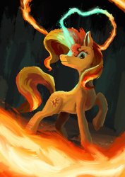 Size: 763x1080 | Tagged: safe, artist:plainoasis, sunset shimmer, pony, unicorn, g4, fiery shimmer, fire, magic, solo