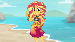 Size: 6144x3461 | Tagged: safe, artist:n0kkun, sunset shimmer, human, equestria girls, g4, my little pony equestria girls: better together, absurd resolution, beach, beautiful, belly button, bikini, clothes, cute, female, grin, inkscape, peace sign, sarong, shimmerbetes, smiling, solo, swimsuit, vector, woman