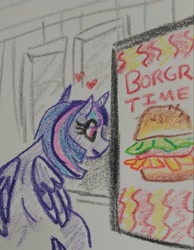 Size: 1588x2048 | Tagged: safe, artist:pony quarantine, twilight sparkle, alicorn, pony, g4, borger, burger, crayon drawing, female, food, heart, looking at something, mare, solo, traditional art, twilight burgkle, twilight sparkle (alicorn)