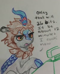 Size: 1726x2147 | Tagged: safe, artist:pony quarantine, oc, oc only, kirin, cash register, crayon drawing, dialogue, kirin oc, traditional art