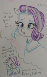 Size: 1260x2048 | Tagged: safe, artist:pony quarantine, rarity, pony, unicorn, g4, clothes, crayon drawing, dress, female, mare, marshmelodrama, older, older rarity, rarity being rarity, thought bubble, traditional art, wedding dress