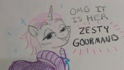 Size: 2122x1201 | Tagged: safe, artist:pony quarantine, zesty gourmand, pony, unicorn, g4, bust, crayon drawing, female, grin, looking at you, mare, smiling, smiling at you, solo, text, traditional art