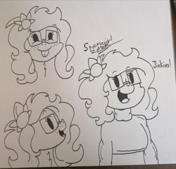 Size: 1554x1500 | Tagged: safe, artist:spoopygirl, oc, oc:alice, pony, :p, clothes, female, glasses, sweater, tongue out, traditional art, velma dinkley