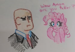 Size: 2140x1495 | Tagged: safe, artist:pony quarantine, pinkie pie, earth pony, human, pony, g4, agent 47, crayon drawing, crossover, dialogue, disguise, duo, duo male and female, female, hitman, male, mare, traditional art