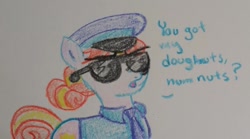 Size: 1024x569 | Tagged: safe, artist:pony quarantine, copper top, earth pony, pony, g4, clothes, crayon drawing, female, mare, necktie, open mouth, police officer, shirt, solo, sunglasses, talking to viewer, traditional art