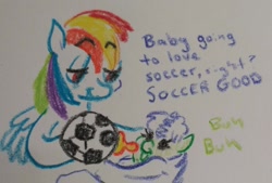 Size: 1130x764 | Tagged: safe, artist:pony quarantine, rainbow dash, oc, pegasus, pony, g4, baby, baby bottle, baby pony, crayon drawing, dialogue, duo, eyebrows, eyebrows visible through hair, female, filly, foal, football, lidded eyes, mare, sports, traditional art