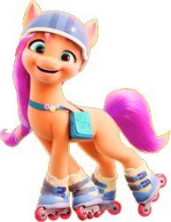 Size: 436x565 | Tagged: safe, artist:pascalmulokozi2, edit, edited screencap, screencap, sunny starscout, earth pony, pony, g5, my little pony: a new generation, background removed, bag, female, fluttershy's cutie mark, helmet, looking at you, mare, open mouth, open smile, rainbow dash's cutie mark, roller skates, saddle bag, simple background, smiling, smiling at you, solo, transparent background, twilight sparkle's cutie mark