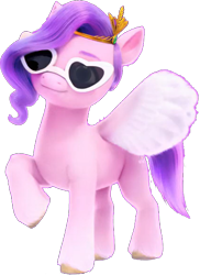 Size: 404x555 | Tagged: safe, edit, edited screencap, editor:pascalmulokozi2, screencap, pipp petals, pegasus, pony, g5, my little pony: a new generation, background removed, female, glasses, headband, heart shaped glasses, jewelry, mare, raised hoof, regalia, simple background, smiling, solo, spread wings, sunglasses, transparent background, wings