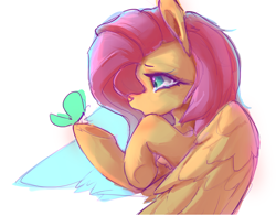 Size: 2750x2160 | Tagged: safe, artist:rainsketch, fluttershy, butterfly, pegasus, pony, g4, bust, butterfly on hoof, chest fluff, female, high res, looking at something, mare, open mouth, partially open wings, profile, raised hoof, simple background, solo, stray strand, teary eyes, white background, wings