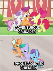 Size: 1500x1999 | Tagged: safe, edit, edited screencap, screencap, apple bloom, glory (g5), peach fizz, scootaloo, seashell (g5), sweetie belle, earth pony, pegasus, pony, unicorn, crusaders of the lost mark, g4, g5, my little pony: tell your tale, one trick pony (episode), spoiler:g5, spoiler:my little pony: tell your tale, spoiler:tyts01e20, adventure in the comments, bow, cellphone, comparison, cutie mark crusaders, female, filly, foal, g4 purist, g5 drama, ok boomer, op is a duck, op is trying to start shit, phone, pippsqueak trio, pippsqueaks, smartphone, tail, tail bow, trio