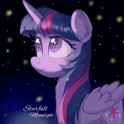 Size: 768x768 | Tagged: safe, artist:starfallmoonlight, twilight sparkle, alicorn, firefly (insect), insect, pony, g4, female, looking up, mare, solo, stars, twilight sparkle (alicorn)
