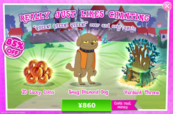 Size: 1957x1298 | Tagged: safe, gameloft, idw, scrappy, diamond dog, g4, my little pony: magic princess, advertisement, choker, collar, costs real money, dog collar, english, idw showified, introduction card, male, numbers, queen, sale, smug, solo, text, throne