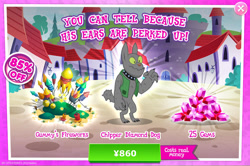 Size: 1962x1300 | Tagged: safe, gameloft, idw, chipper, diamond dog, g4, my little pony: magic princess, advertisement, choker, collar, costs real money, dog collar, ears up, english, fireworks, gem, gray coat, idw showified, introduction card, male, numbers, sale, solo