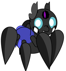 Size: 2615x2791 | Tagged: safe, artist:theunidentifiedchangeling, oc, oc only, oc:17th seeker, changeling, spider, spiderling, arthropod, black sclera, description is relevant, frown, high res, looking at something, multiple eyes, purple eye, simple background, solo, transparent background