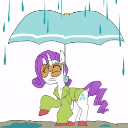 Size: 2500x2500 | Tagged: safe, artist:baigak, rarity, pony, unicorn, g4, clothes, glasses, high res, horn, looking up, rain, raised hoof, simple background, umbrella, white background